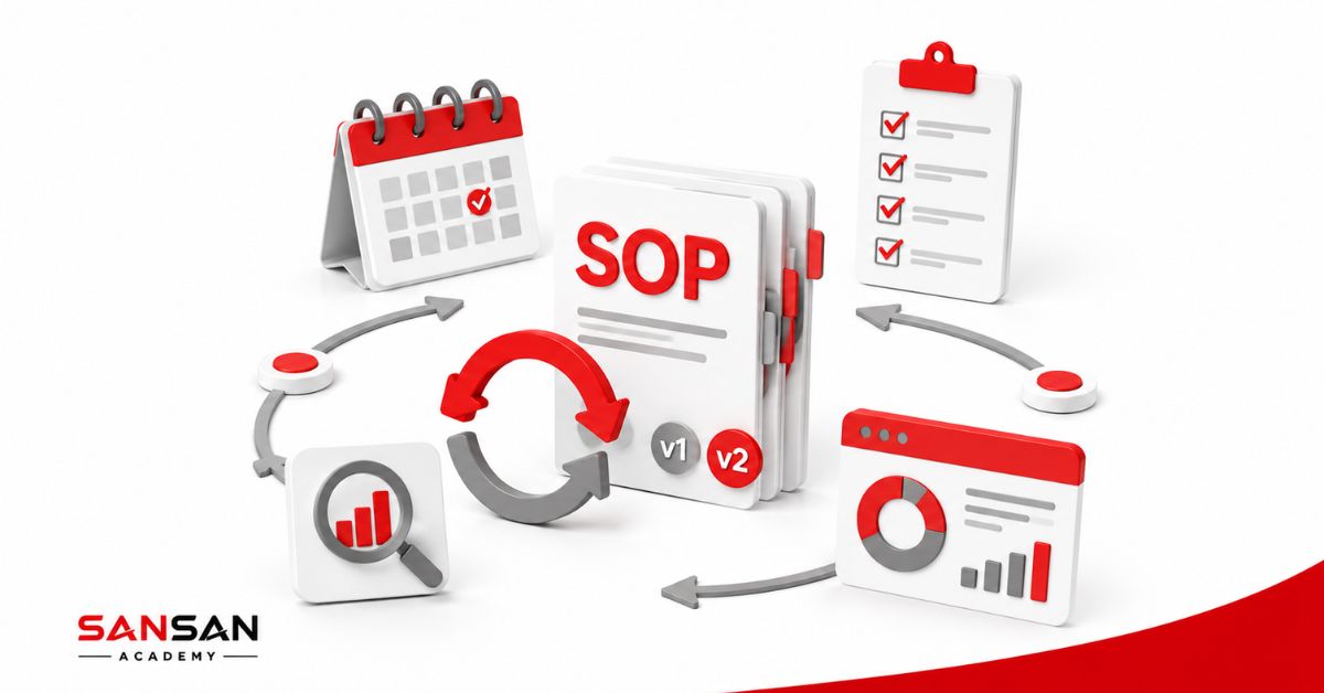 Tài liệu SOP với lịch rà soát, biểu đồ và vòng cập nhật phiên bản