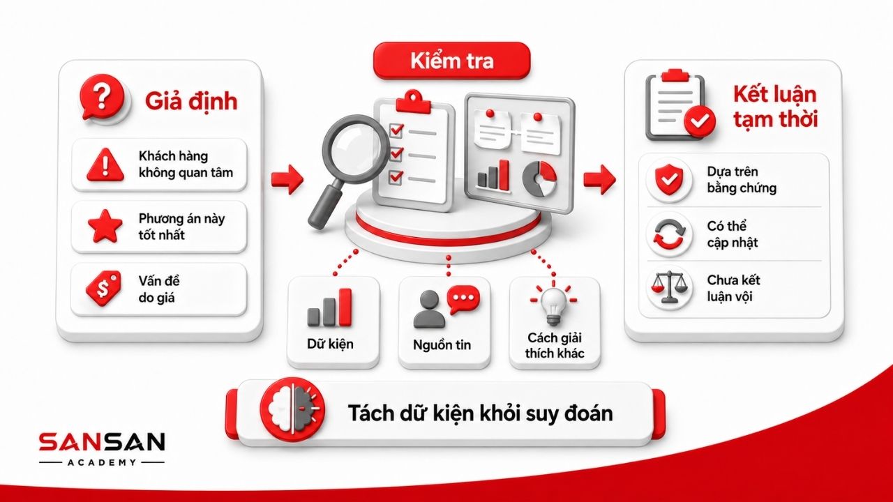 Giả định được đối chiếu với dữ kiện, nguồn tin và cách giải thích khác