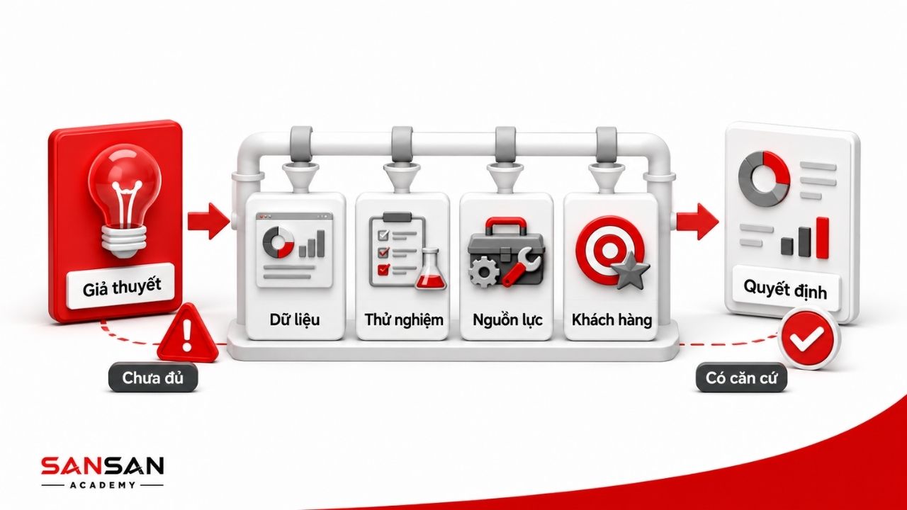 Giả thuyết được kiểm tra qua dữ liệu, thử nghiệm, nguồn lực và khách hàng