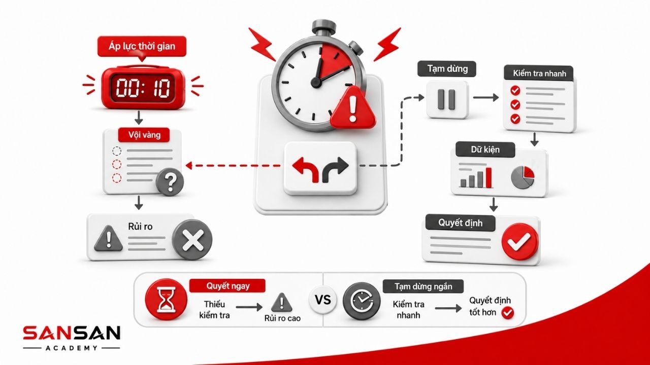 Áp lực thời gian dẫn đến vội vàng hoặc tạm dừng để kiểm tra dữ kiện