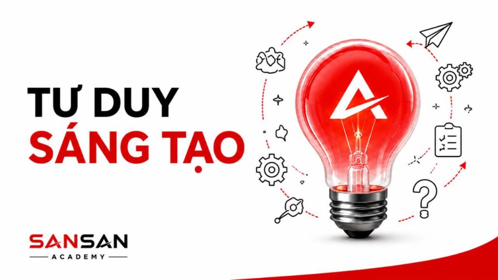Bóng đèn đỏ tượng trưng cho tư duy sáng tạo, xung quanh là các biểu tượng ý tưởng và giải quyết vấn đề.