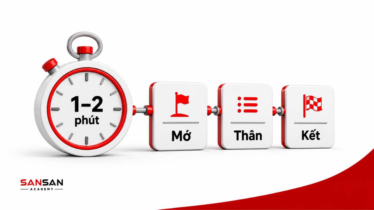 Thực hành phát biểu ngắn 1 đến 2 phút với cấu trúc mở, thân, kết.