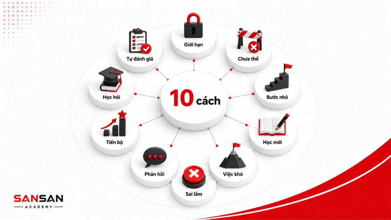 Mười cách thúc đẩy phát triển tư duy gồm tự đánh giá, học hỏi, tiếp nhận phản hồi, chấp nhận sai lầm, học điều mới và đi từng bước nhỏ