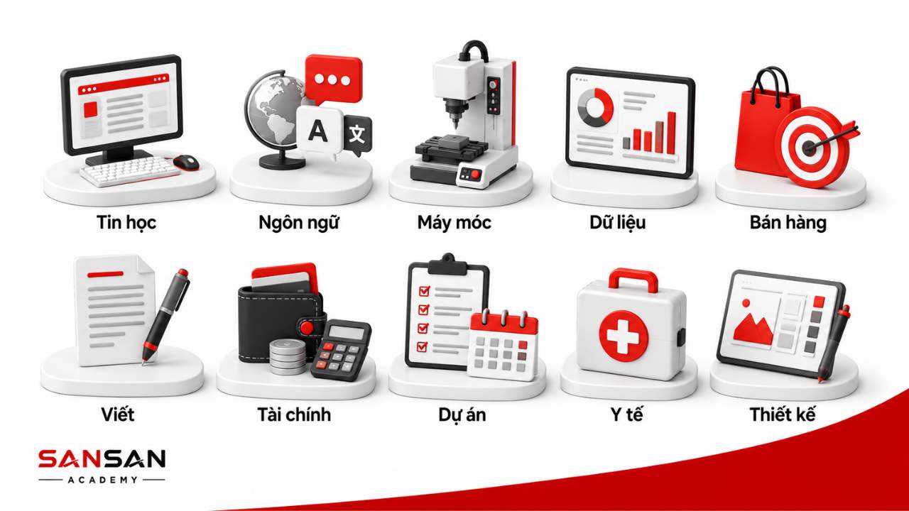 Top 10 kỹ năng cứng phổ biến gồm tin học, ngoại ngữ, dữ liệu, máy móc, viết, tài chính và thiết kế