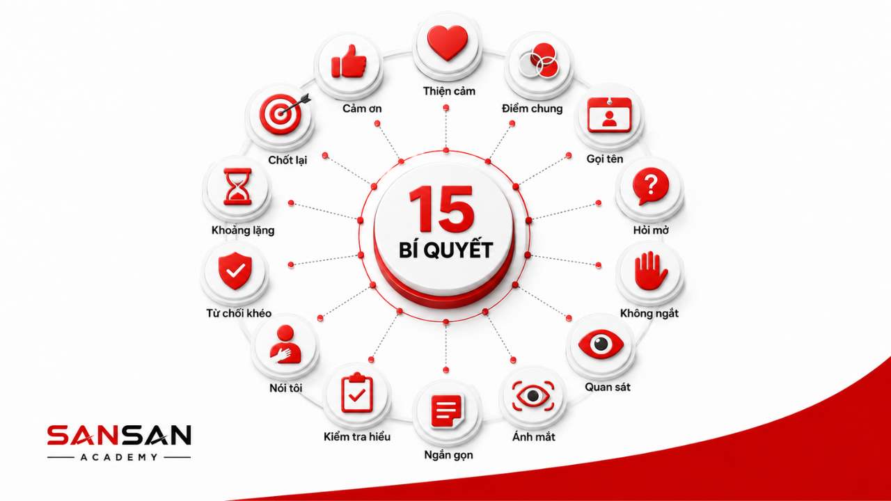 15 bí quyết giao tiếp thành công như lắng nghe, hỏi mở, quan sát, dùng ánh mắt, nói ngắn gọn và kiểm tra mức độ thấu hiểu