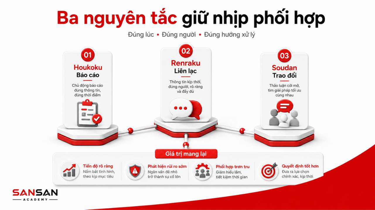 Minh họa ba nguyên tắc Houkoku, Renraku và Soudan cùng các giá trị mang lại như tiến độ rõ ràng, phát hiện rủi ro sớm, phối hợp trơn tru và quyết định tốt hơn.