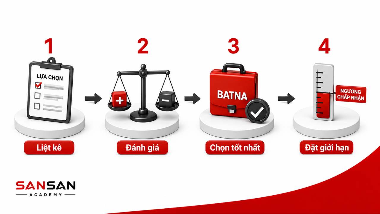 Bốn bước xác định BATNA gồm liệt kê phương án, đánh giá giá trị, chọn lựa chọn tốt nhất và đặt giới hạn chấp nhận.