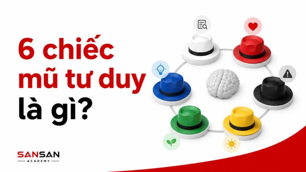 Phương pháp 6 chiếc mũ tư duy với các bước xem xét thông tin, cảm xúc, rủi ro, lợi ích, ý tưởng và tổng hợp