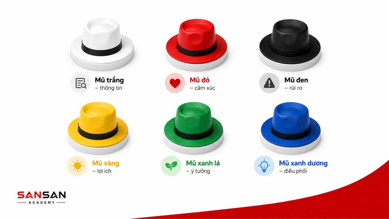 6 chiếc mũ tư duy gồm sáu hướng suy nghĩ khác nhau xoay quanh một vấn đề