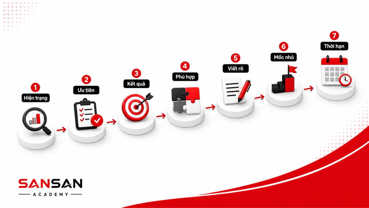 Bảy bước xác định mục tiêu gồm đánh giá hiện trạng, chọn ưu tiên, xác định kết quả, kiểm tra phù hợp, viết rõ, chia mốc và đặt thời hạn