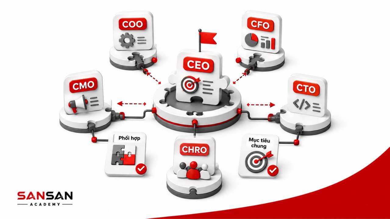 CEO xây dựng đội ngũ lãnh đạo với các vị trí COO, CFO, CTO, CMO, CHRO cùng phối hợp vì mục tiêu chung