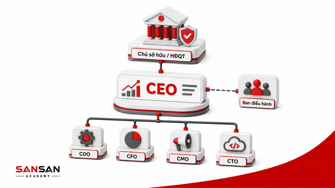 Vị trí của CEO trong cơ cấu doanh nghiệp dưới chủ sở hữu hoặc hội đồng quản trị và trên các giám đốc chức năng