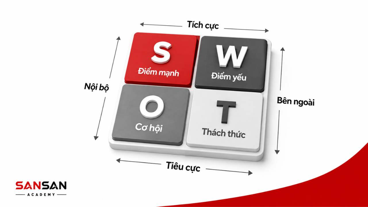 Ma trận SWOT gồm điểm mạnh, điểm yếu, cơ hội và thách thức.