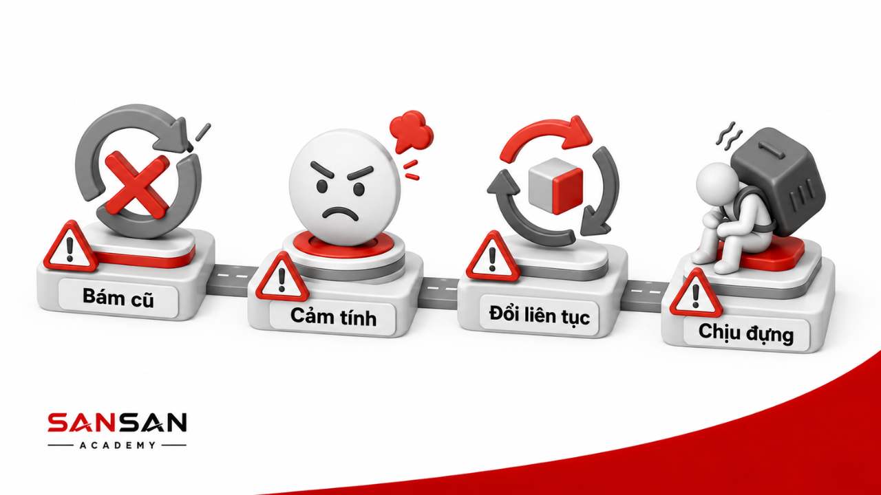 Những sai lầm cản trở khả năng thích ứng gồm bám cách cũ, phản ứng cảm tính, thay đổi liên tục và chịu đựng