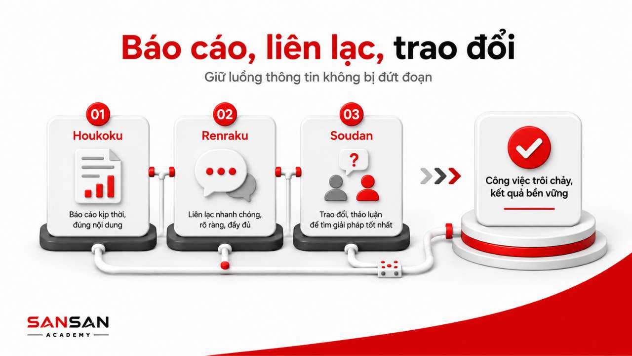 Minh họa ba yếu tố Houkoku, Renraku và Soudan kết nối với nhau để giữ luồng thông tin thông suốt và giúp công việc trôi chảy.