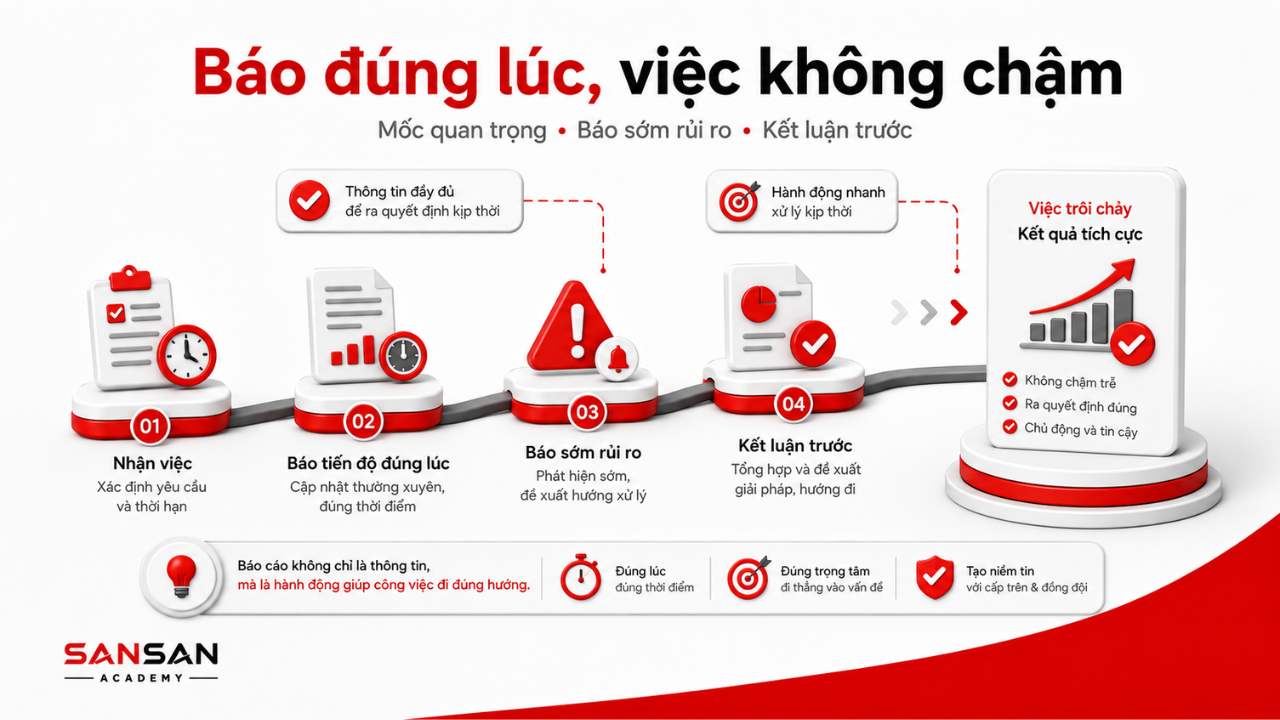 Minh họa quy trình báo cáo đúng lúc gồm nhận việc, báo tiến độ, báo sớm rủi ro và kết luận trước để công việc không bị chậm.