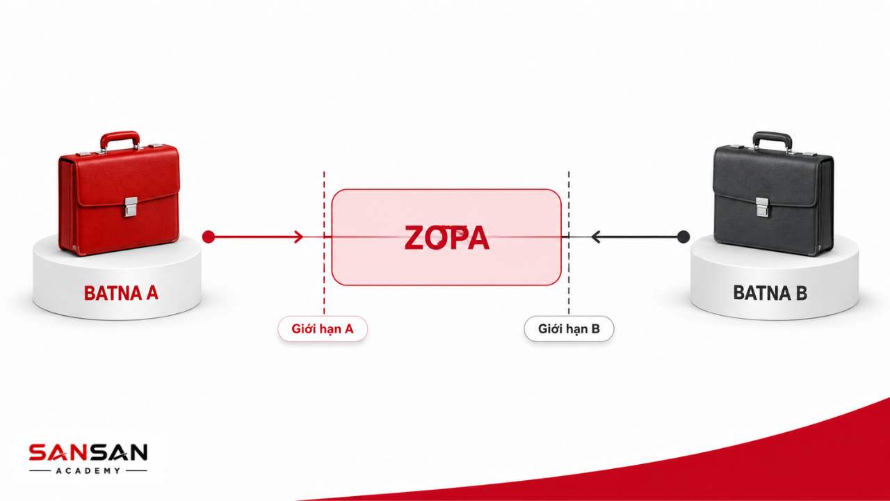 Mối quan hệ giữa BATNA của hai bên và ZOPA, vùng mà điều kiện chấp nhận có thể chồng lên nhau để đạt thỏa thuận.
