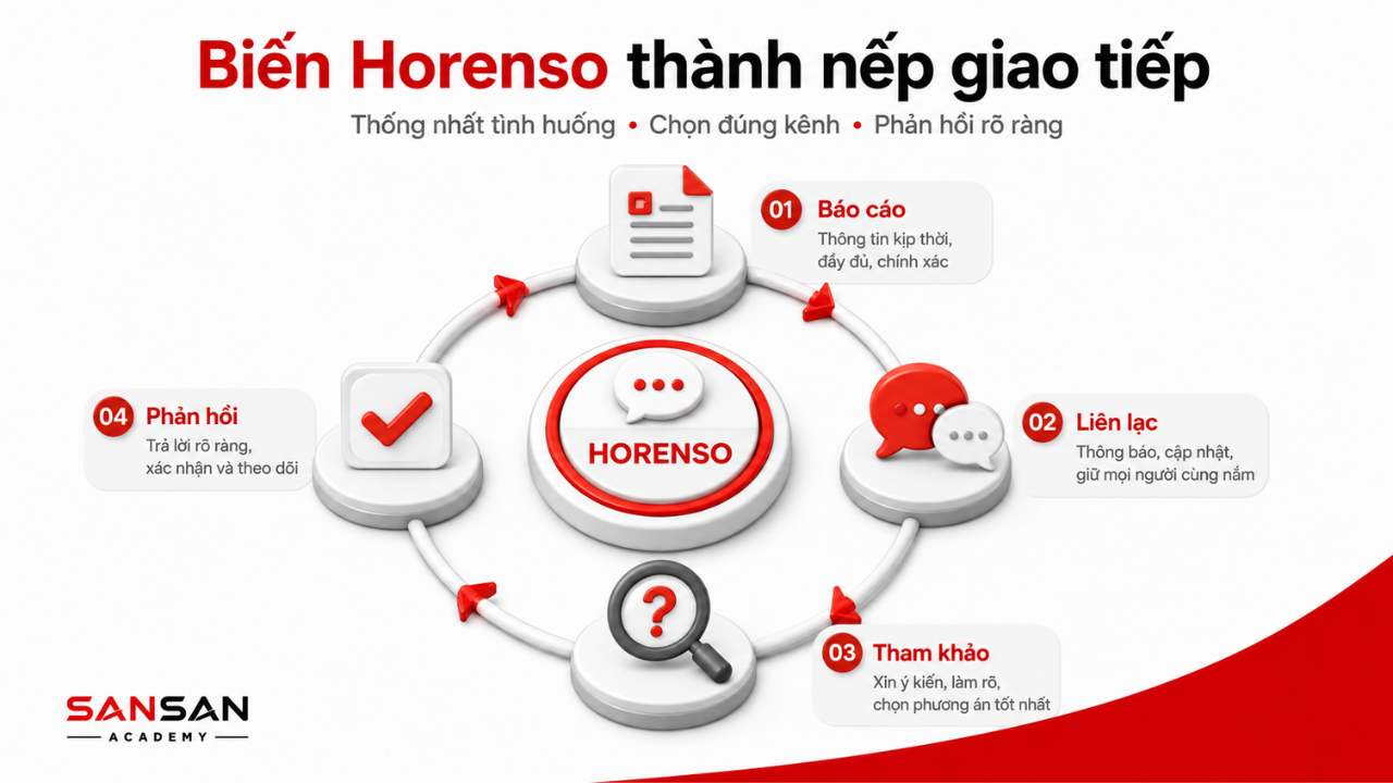 Minh họa Horenso như một vòng giao tiếp trong đội nhóm gồm báo cáo, liên lạc, tham khảo ý kiến và phản hồi rõ ràng.