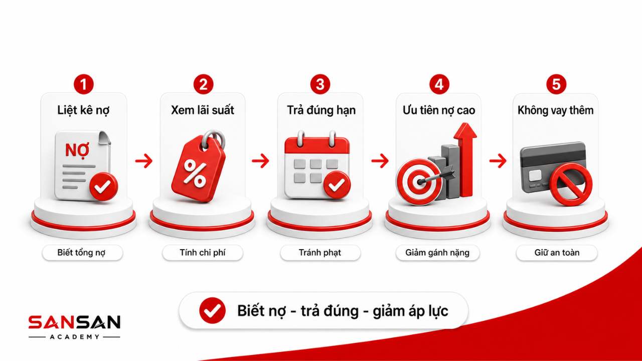 Năm bước quản lý nợ gồm liệt kê khoản nợ, kiểm tra lãi suất, trả đúng hạn, ưu tiên nợ lãi cao và hạn chế vay thêm.