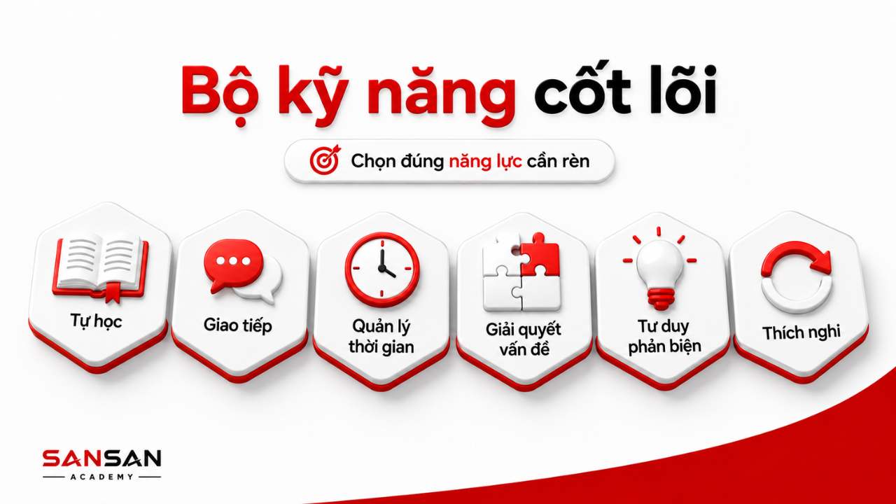 Sáu kỹ năng cốt lõi gồm tự học, giao tiếp, quản lý thời gian, giải quyết vấn đề, tư duy phản biện và thích nghi.