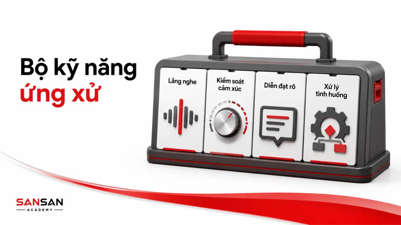 Các kỹ năng ứng xử gồm lắng nghe, kiểm soát cảm xúc, diễn đạt rõ và xử lý tình huống
