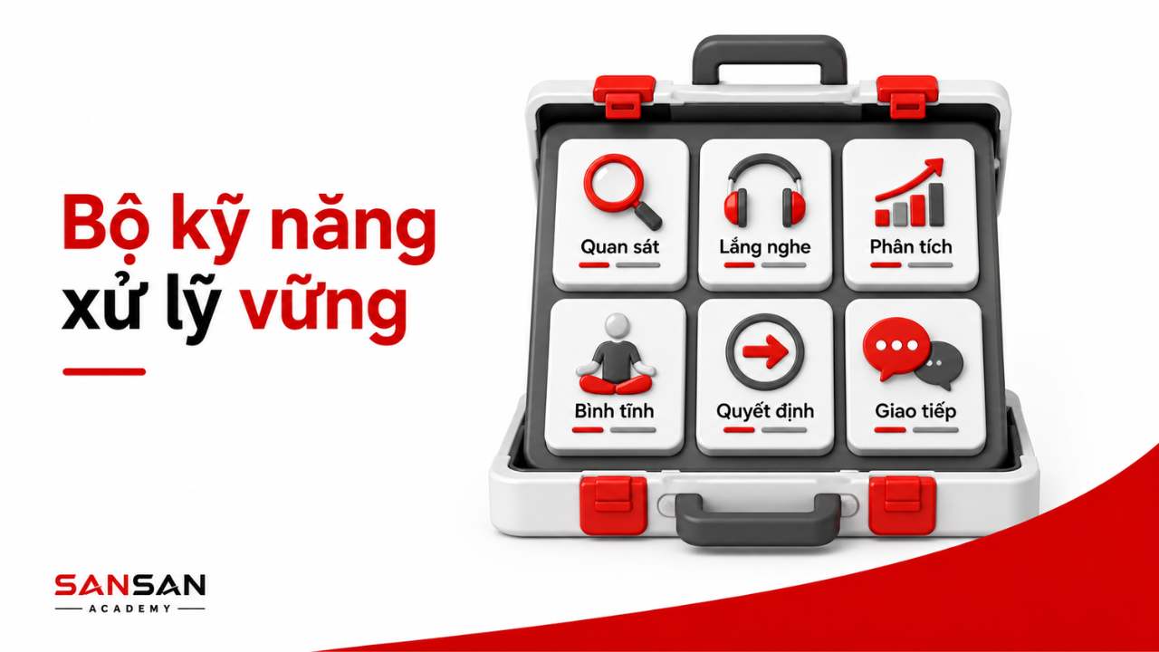 Bộ kỹ năng xử lý tình huống gồm quan sát, lắng nghe, phân tích, bình tĩnh, quyết định và giao tiếp