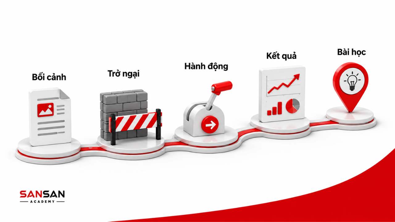 Cấu trúc kể chuyện trong nói trước đám đông gồm bối cảnh, trở ngại, hành động, kết quả và bài học.