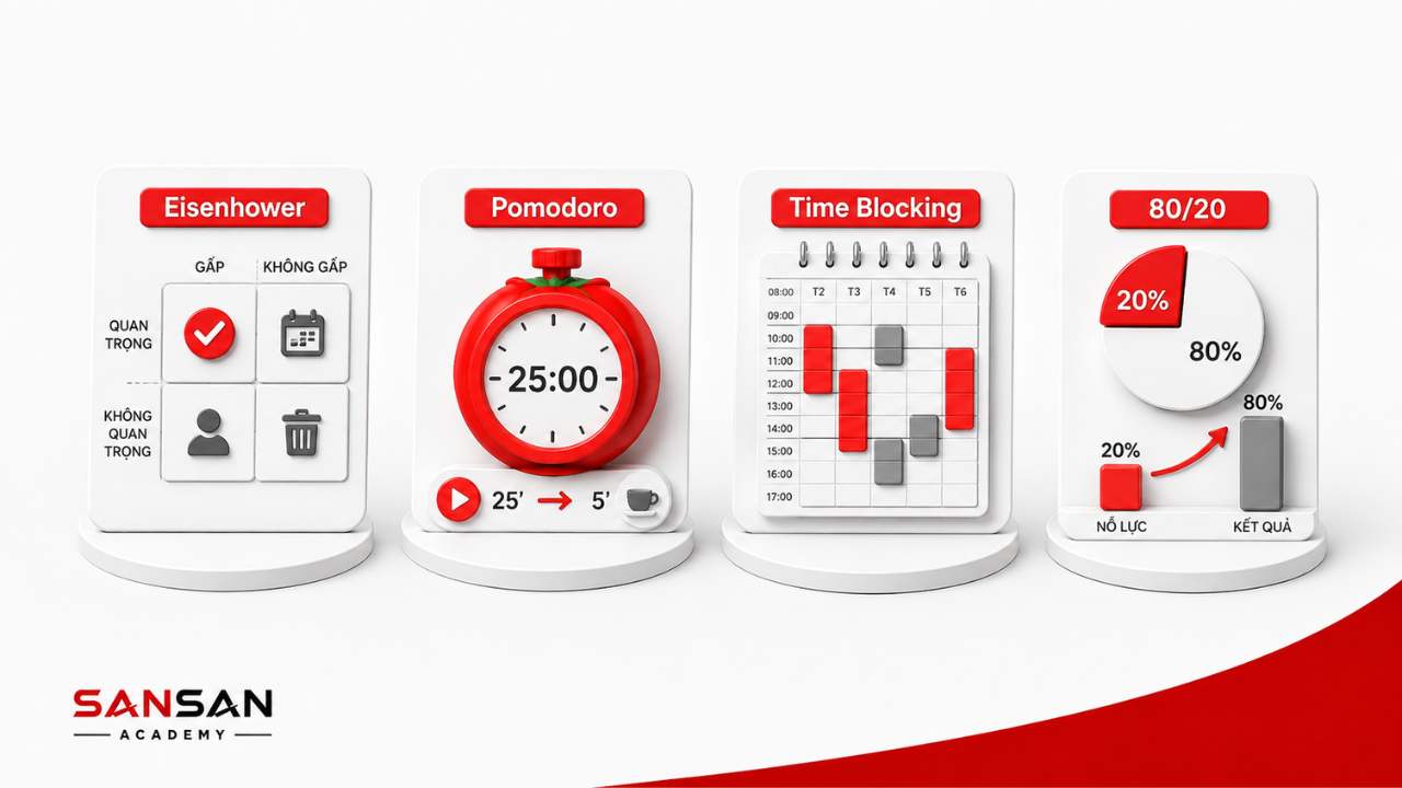 Bốn phương pháp quản lý thời gian gồm Eisenhower, Pomodoro, Time Blocking và quy tắc 80/20