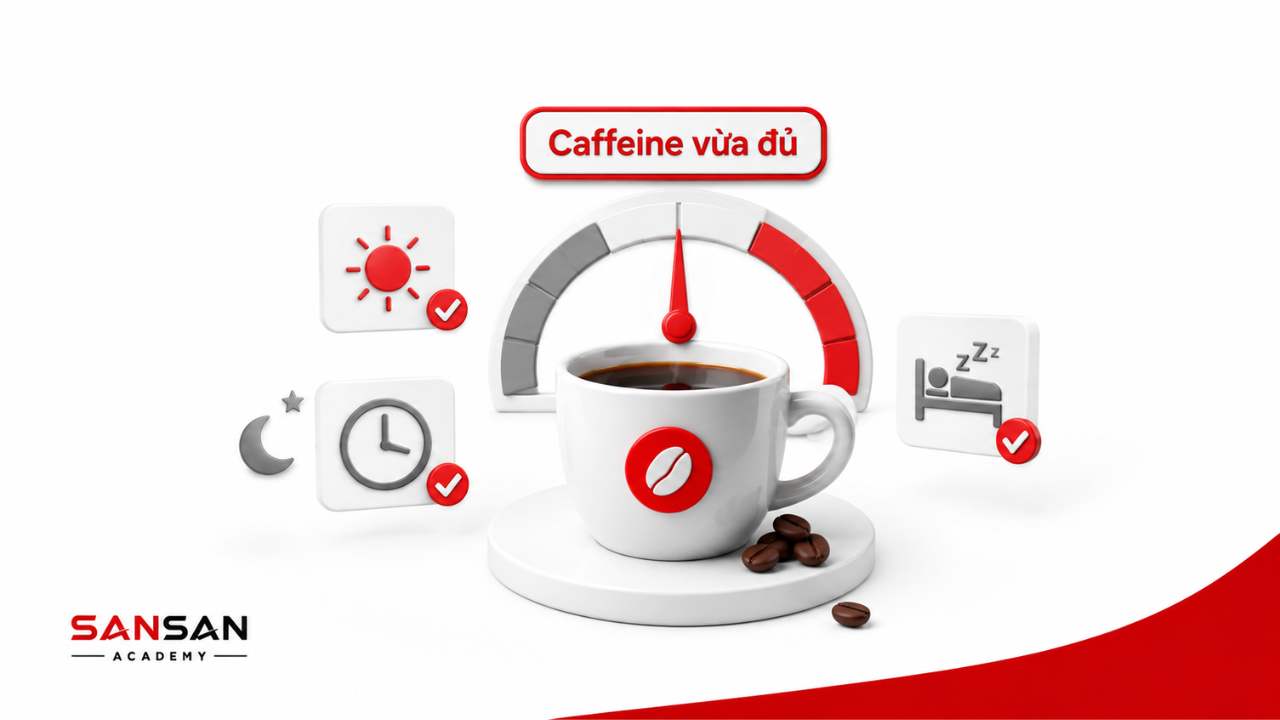 Minh họa sử dụng caffeine ở mức vừa đủ để hỗ trợ tỉnh táo mà không ảnh hưởng đến giấc ngủ