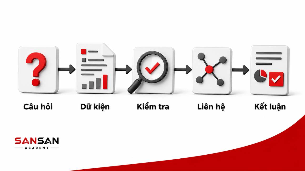 Quy trình kỹ năng phân tích gồm câu hỏi, dữ kiện, kiểm tra, liên hệ và kết luận.