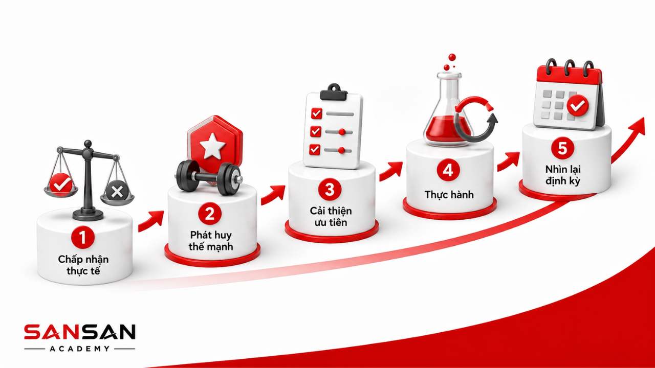 Quá trình biến hiểu biết về bản thân thành thay đổi tích cực gồm chấp nhận thực tế, phát huy thế mạnh, cải thiện ưu tiên, thực hành và nhìn lại định kỳ.