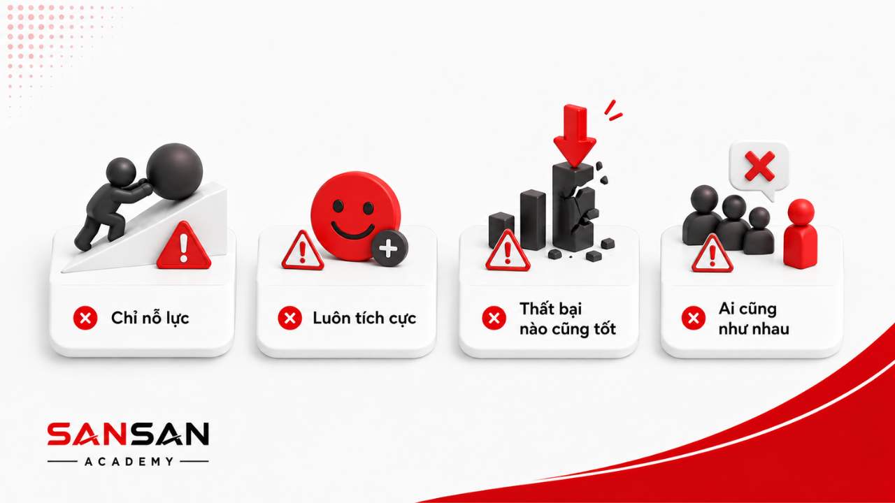 Những hiểu lầm cần tránh về tư duy phát triển gồm cho rằng chỉ cần nỗ lực, luôn tích cực, thất bại nào cũng tốt hoặc ai cũng giống nhau