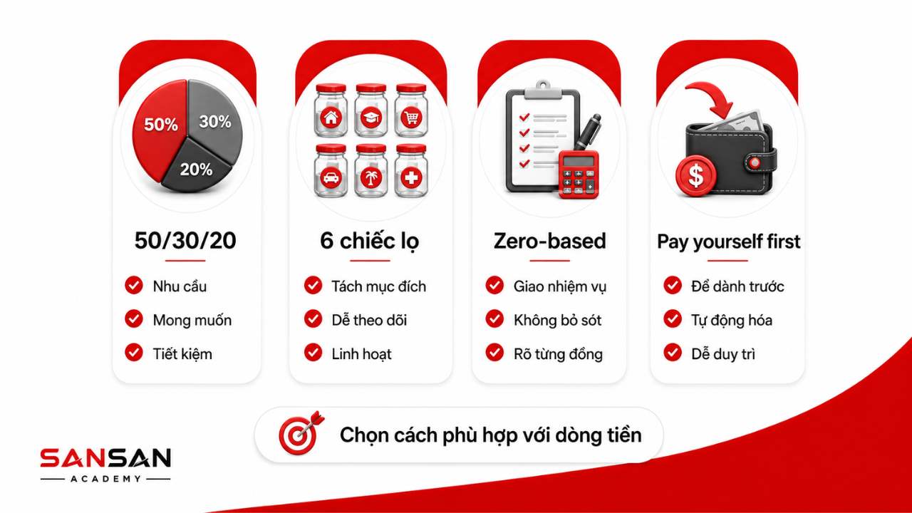 So sánh bốn phương pháp quản lý tiền gồm quy tắc 50/30/20, sáu chiếc lọ, Zero-based Budget và Pay Yourself First.