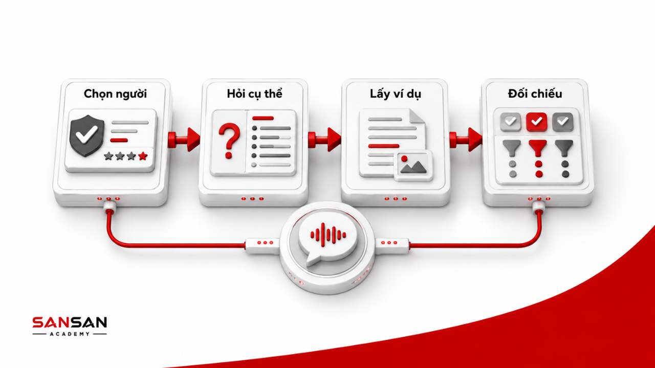Quy trình lắng nghe phản hồi đáng tin cậy gồm chọn người, hỏi cụ thể, lấy ví dụ và đối chiếu.