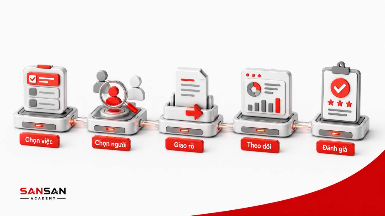 Quy trình 5 bước giao việc hiệu quả gồm chọn việc, chọn người, giao rõ, theo dõi và đánh giá
