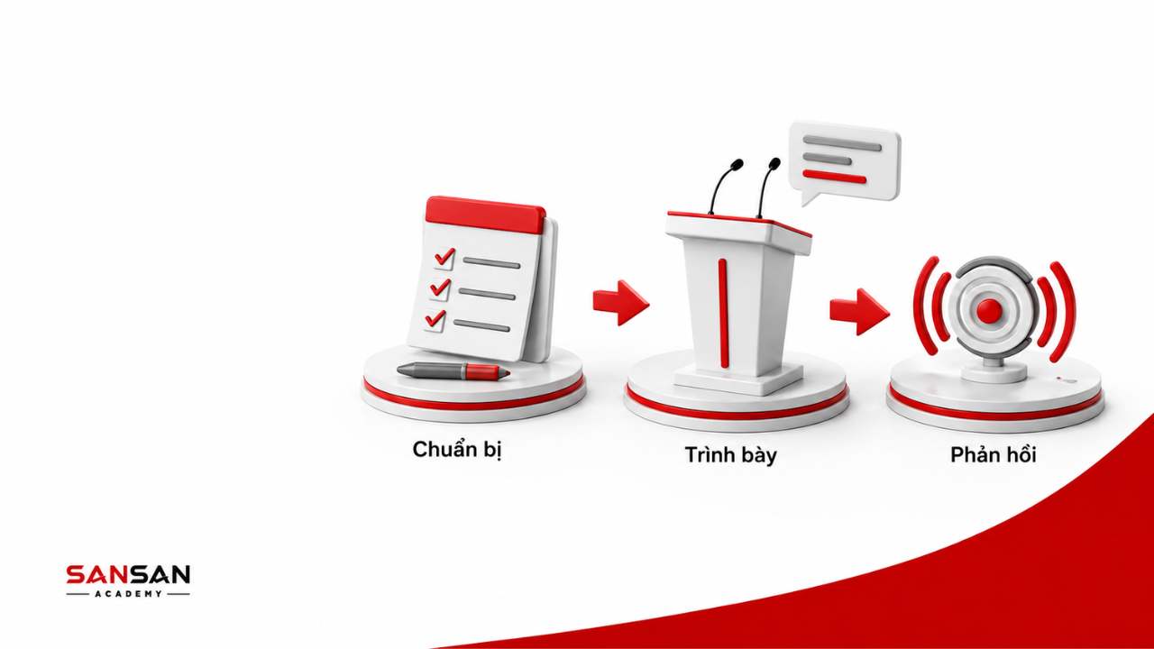 Quy trình chuẩn bị, trình bày và nhận phản hồi trong kỹ năng nói trước đám đông.