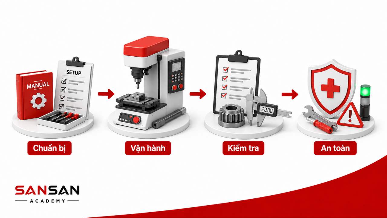 Kỹ năng vận hành máy móc gồm chuẩn bị, vận hành, kiểm tra thiết bị và tuân thủ an toàn