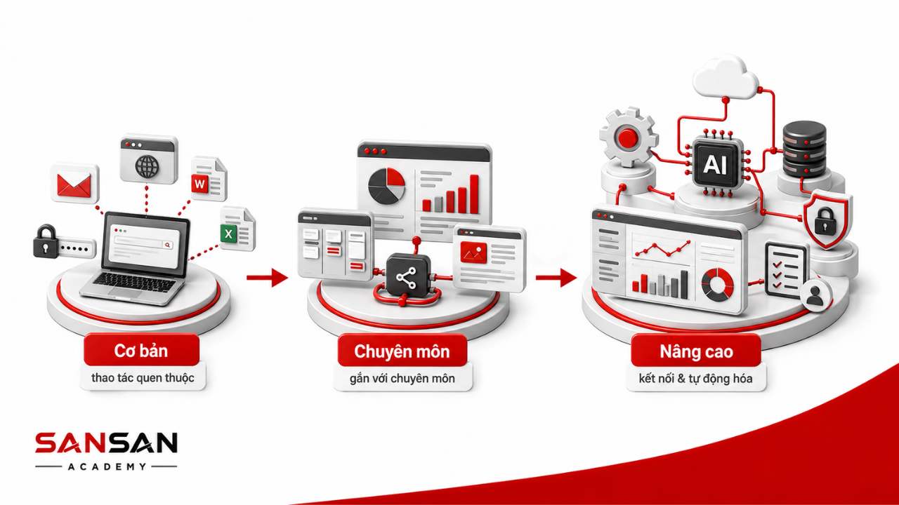 Ba mức kỹ năng số gồm cơ bản, phục vụ chuyên môn và nâng cao với mức độ sử dụng công nghệ ngày càng sâu.