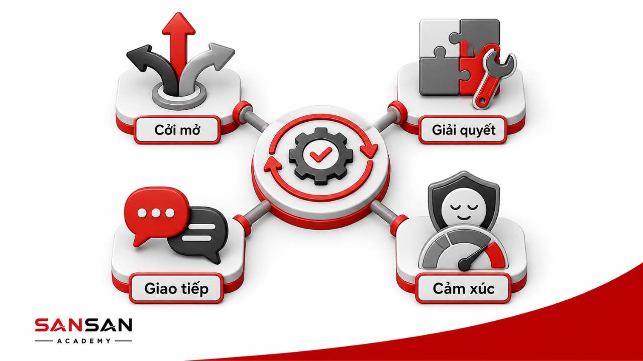 Các kỹ năng giúp tăng khả năng thích ứng gồm tư duy cởi mở, giải quyết vấn đề, giao tiếp và quản lý cảm xúc