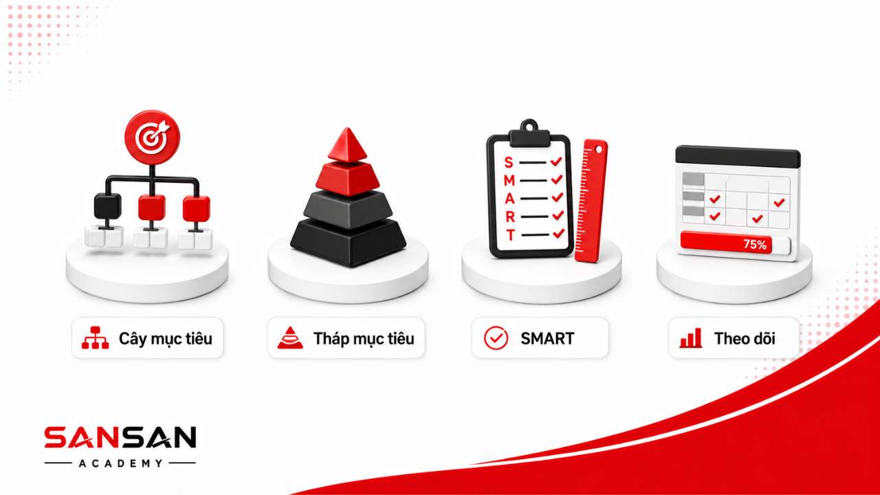 Các công cụ thiết lập mục tiêu gồm cây mục tiêu, tháp mục tiêu, nguyên tắc SMART và bảng theo dõi tiến độ