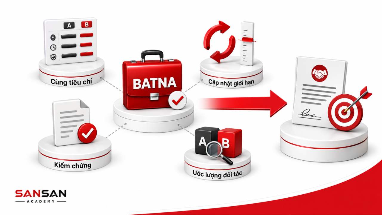 Cách sử dụng BATNA khéo léo bằng cách giữ phương án dự phòng phía sau, hiểu đối tác, nêu điều kiện và biết khi nào nên rời bàn.