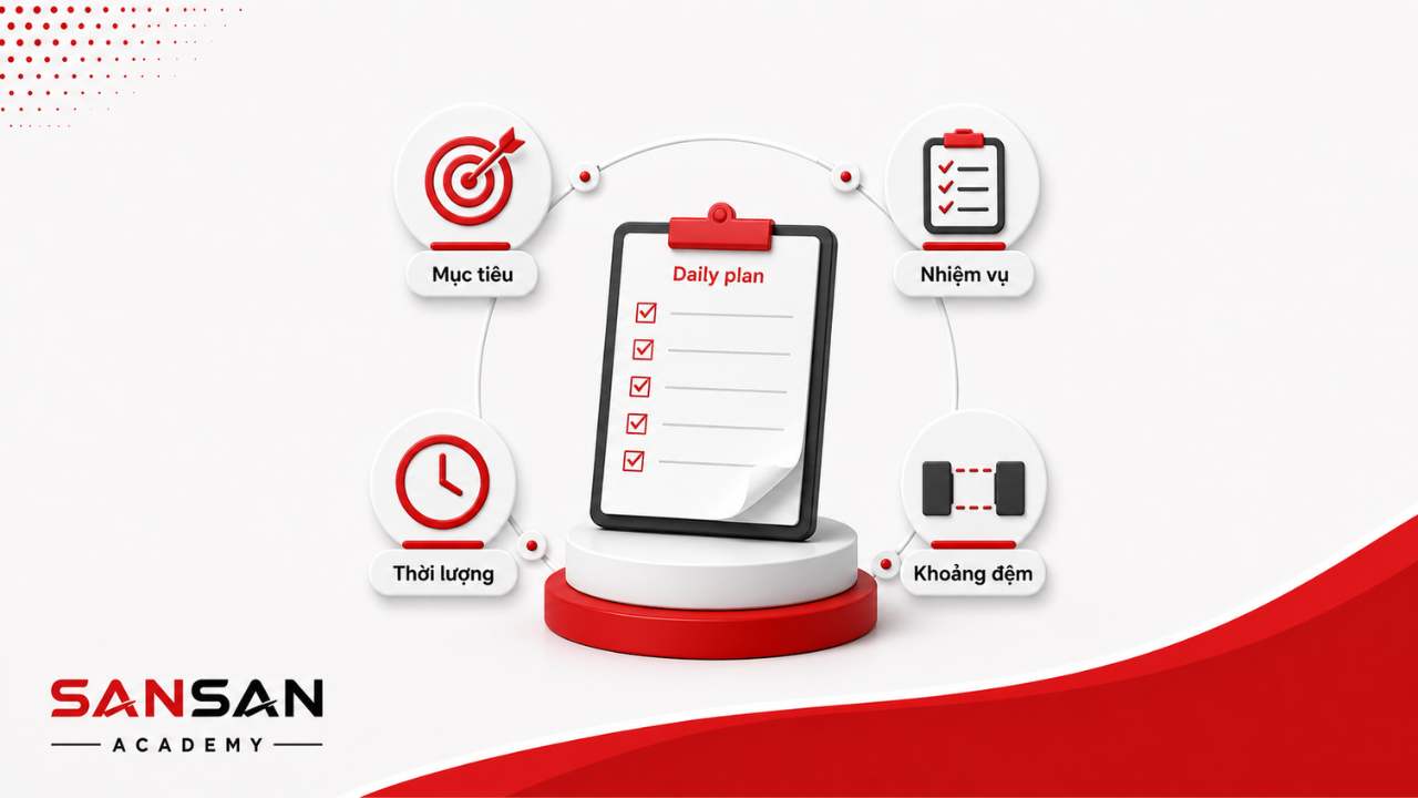 Minh họa lập kế hoạch hàng ngày gồm mục tiêu, nhiệm vụ, thời lượng và khoảng đệm