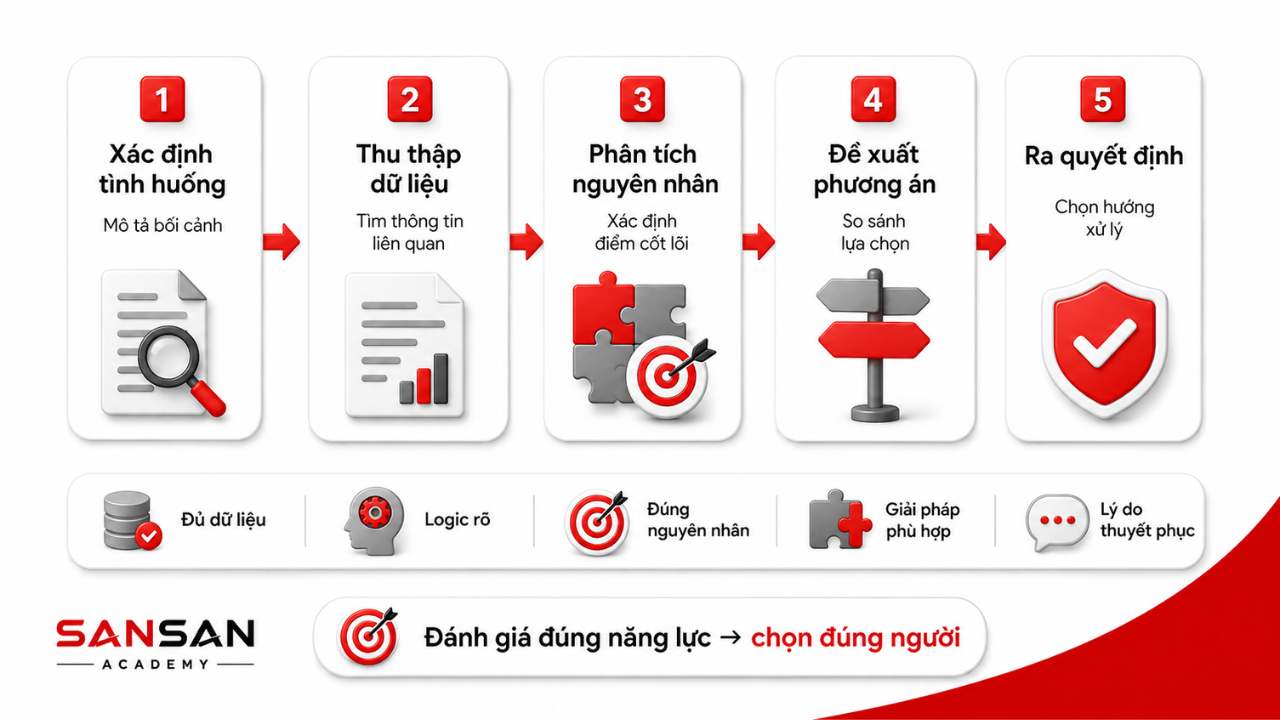 Quy trình đánh giá năng lực gồm xác định tình huống, thu thập dữ liệu, phân tích nguyên nhân, đề xuất phương án và ra quyết định.