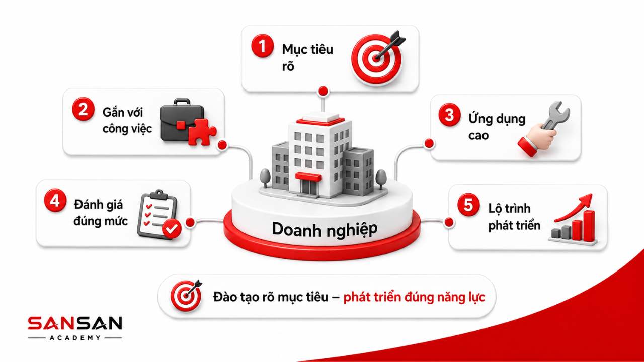Năm lợi ích của Bloom gồm mục tiêu rõ, gắn với công việc, tăng khả năng ứng dụng, đánh giá đúng mức và xây lộ trình phát triển.