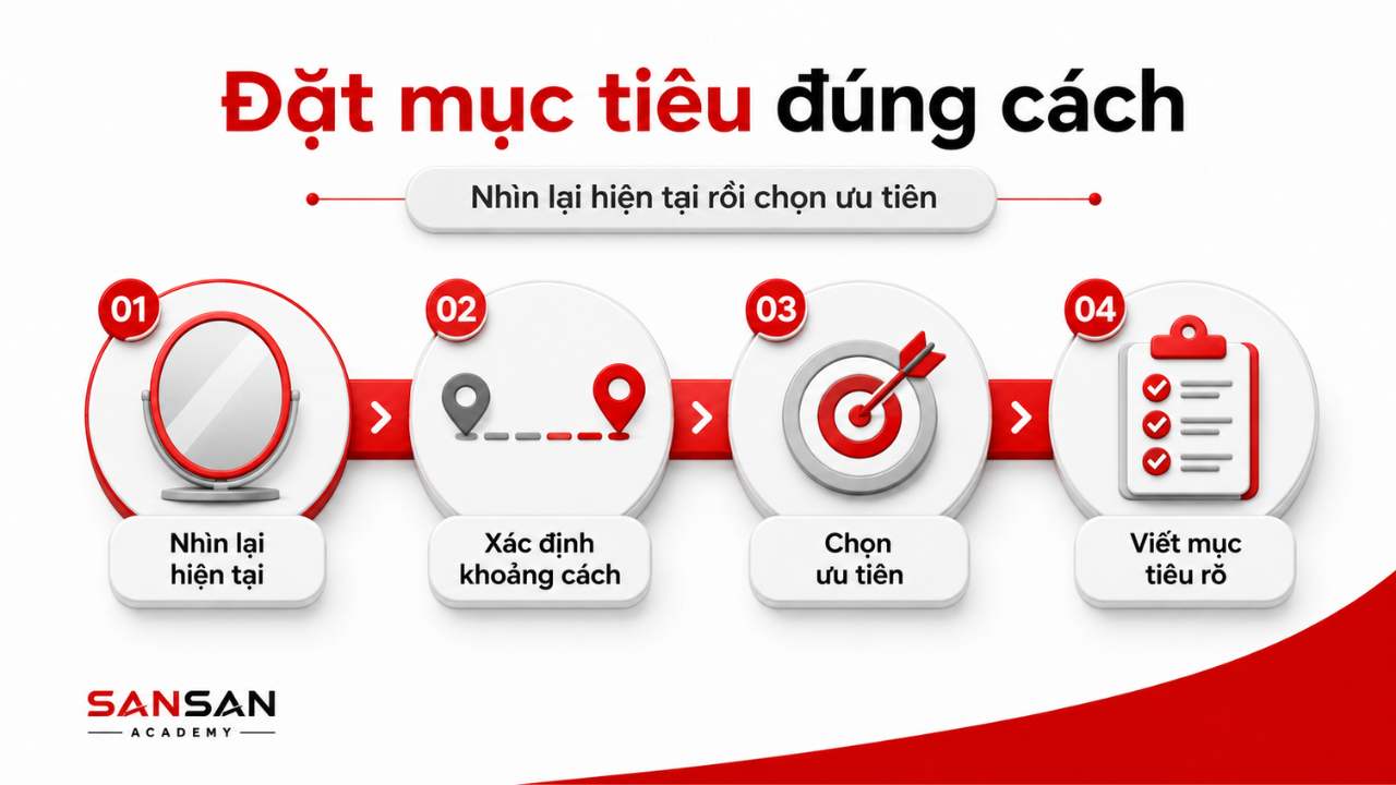 Bốn bước xác định mục tiêu gồm nhìn lại hiện tại, xác định khoảng cách, chọn ưu tiên và viết mục tiêu rõ ràng.
