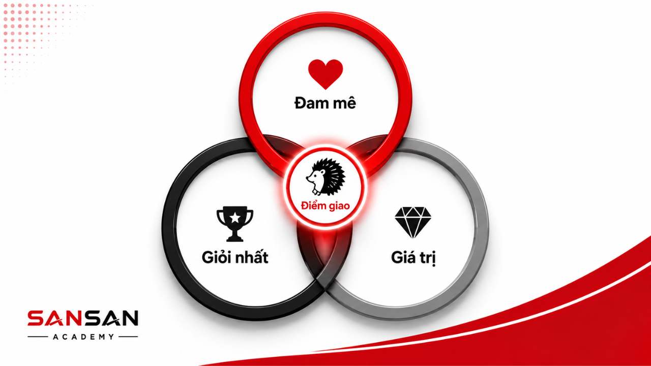 Ba vòng tròn của thuyết con nhím gồm đam mê, điều có thể làm giỏi nhất và khả năng tạo giá trị