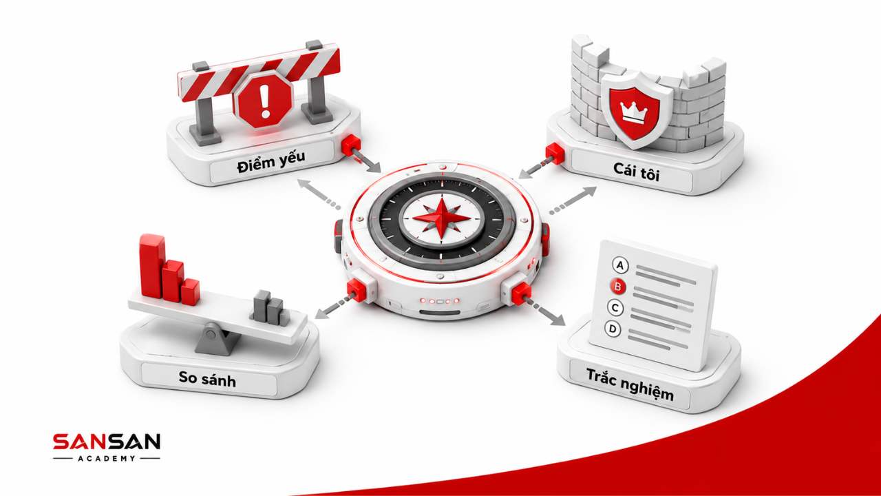 Các rào cản nhận thức bản thân gồm điểm yếu, cái tôi, so sánh và phụ thuộc vào trắc nghiệm.