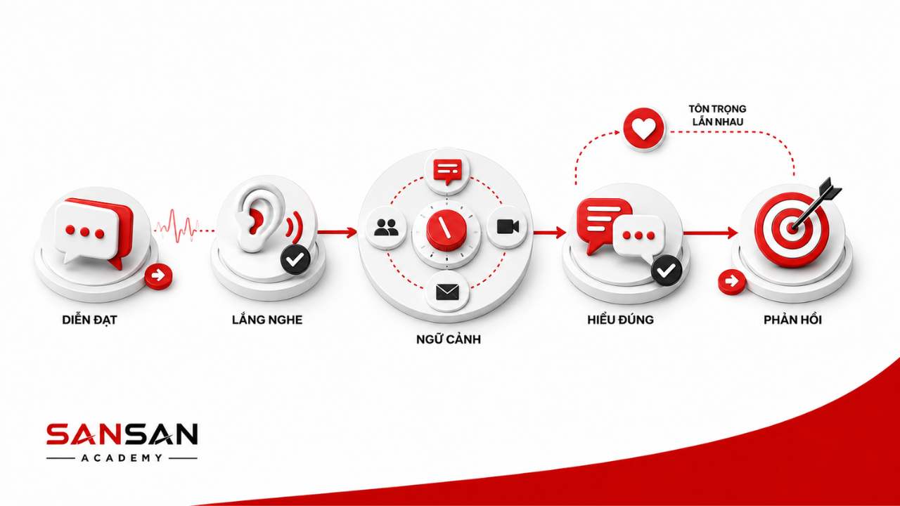Quá trình giao tiếp thành công từ diễn đạt, lắng nghe, hiểu ngữ cảnh đến phản hồi phù hợp