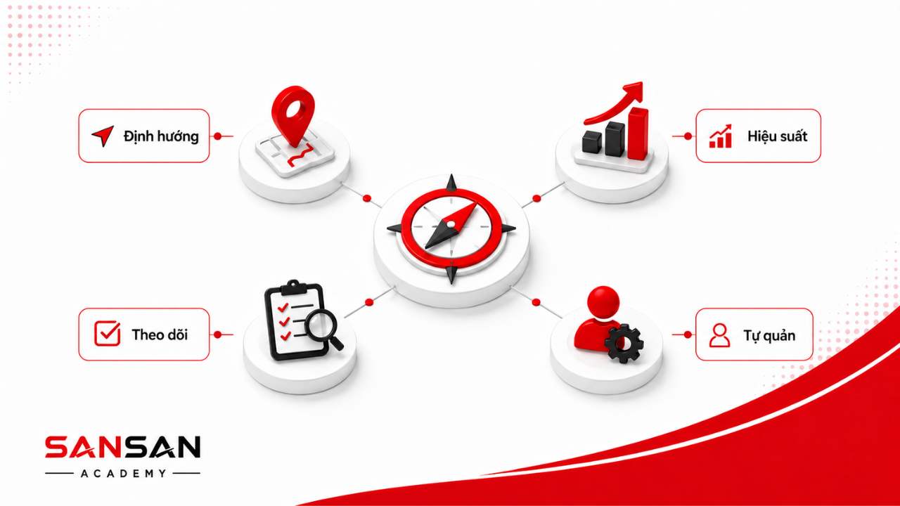 Lợi ích của việc xác định mục tiêu gồm tạo định hướng, nâng cao hiệu suất, hỗ trợ theo dõi và tăng khả năng tự quản lý
