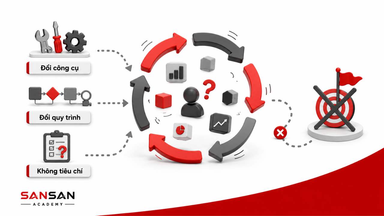 Thay đổi công cụ và quy trình liên tục nhưng không có mục tiêu hoặc tiêu chí đánh giá